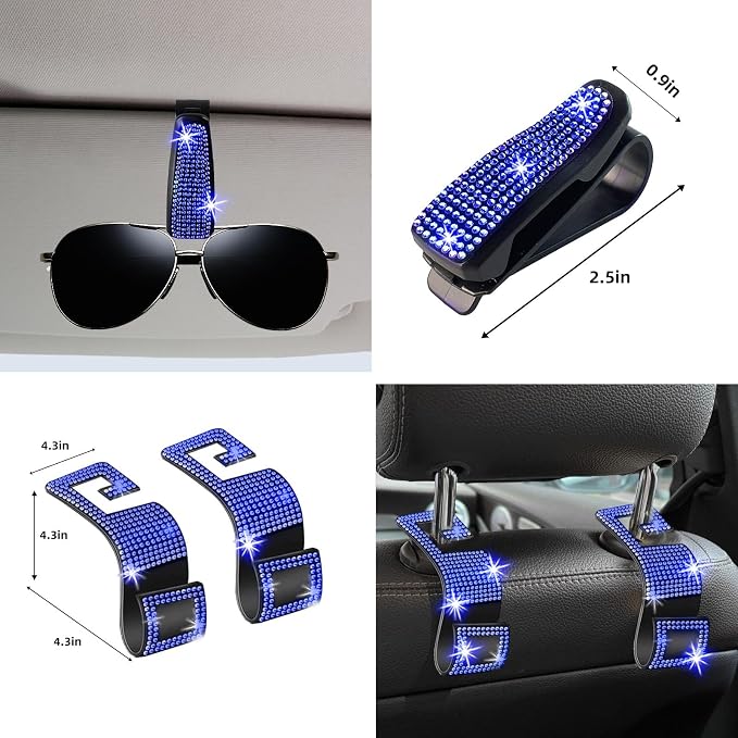 27 PCs Blue Bling Car Accessories Set for Women, Steering Wheel Covers Universal Fit 15 Inch, Bling License Plate Frame, Bling Phone Holder, Bling Car Coasters (Blue Diamond)
