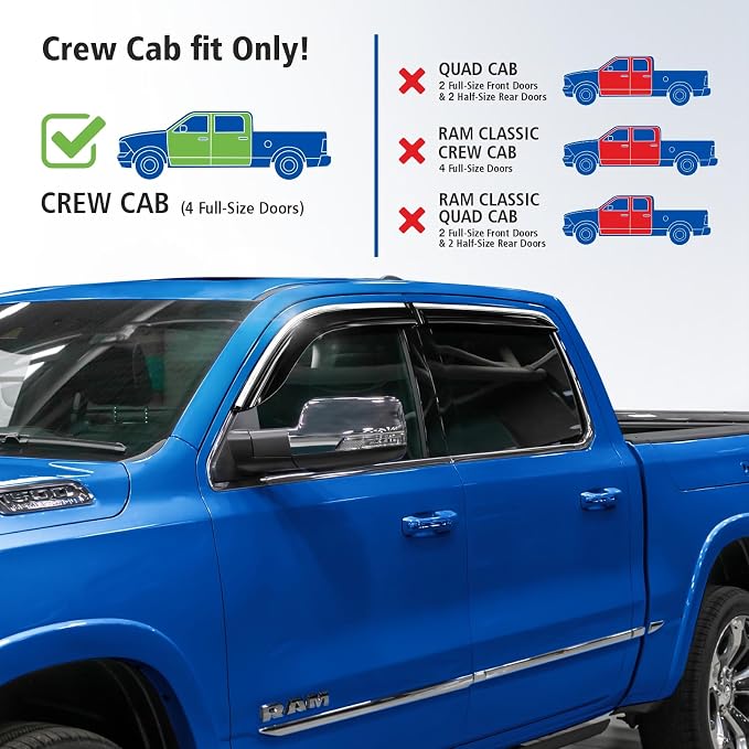 Goodyear Chrome Trim Window Deflectors for Dodge Ram 1500 2019-2026 Crew Cab, Shatterproof Tape-on Rain Guards, Window Visors, Vent Deflector Visor,Car Accessories, 4 pcs - GY008852