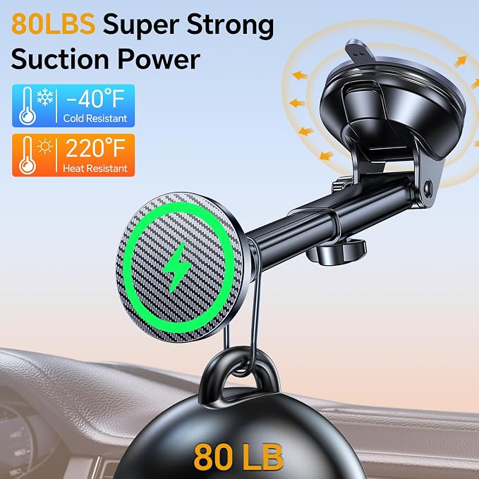 for MagSafe Car Mount Charger【Ultra Magnet】 Magnetic Phone Holders for Your Car Charger【Windshield+Vent+Dash】 Magnetic Wireless Car Phone Holder Charger Car Mount for iPhone 17 (Carbon Fiber)