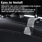 2PCS Car Seat Hooks, Bling Rhinestone Headrest Hooks, Universal Bling Car Interior Accessories, for Handbag, Clothes, Purse, Water Bottle (White)
