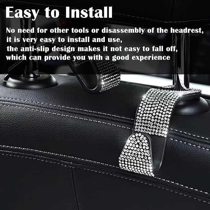 2PCS Car Seat Hooks, Bling Rhinestone Headrest Hooks, Universal Bling Car Interior Accessories, for Handbag, Clothes, Purse, Water Bottle (White)
