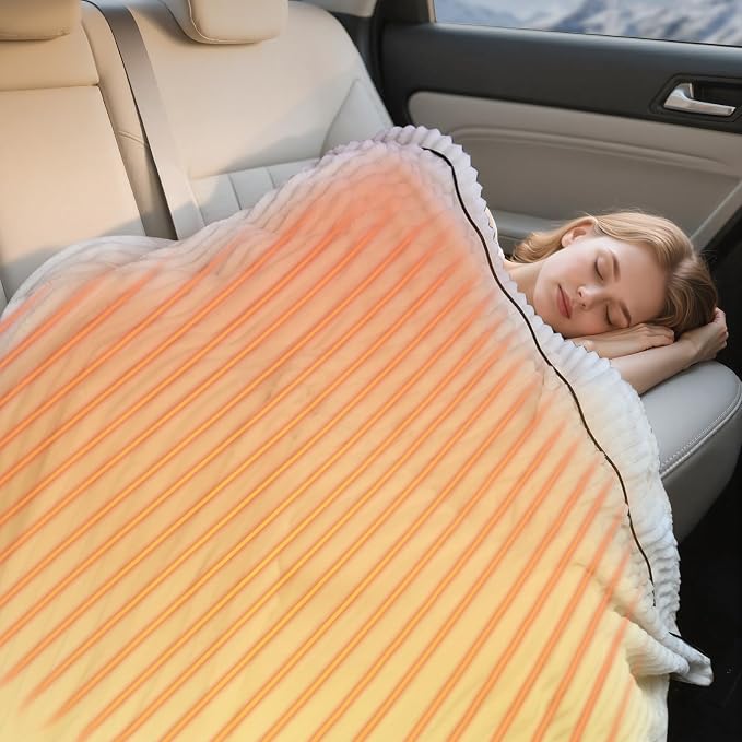 12V Electric Throw Blanket for Car – Soft Faux Fur & Cozy Sherpa with 2 Output USB Ports (1A +1 C) 4 Heating Levels & 4 Hours Auto Off, Machine Washable, 59" X 43", Beige