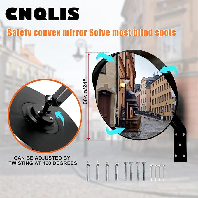 24 Inch Convex Mirror Outdoor with Adjustable Wall Fixing Bracket,Blindspot Traffic Mirror for Driveway Garage Park Outdoor Wide Angle View Curved Security Blind Spot