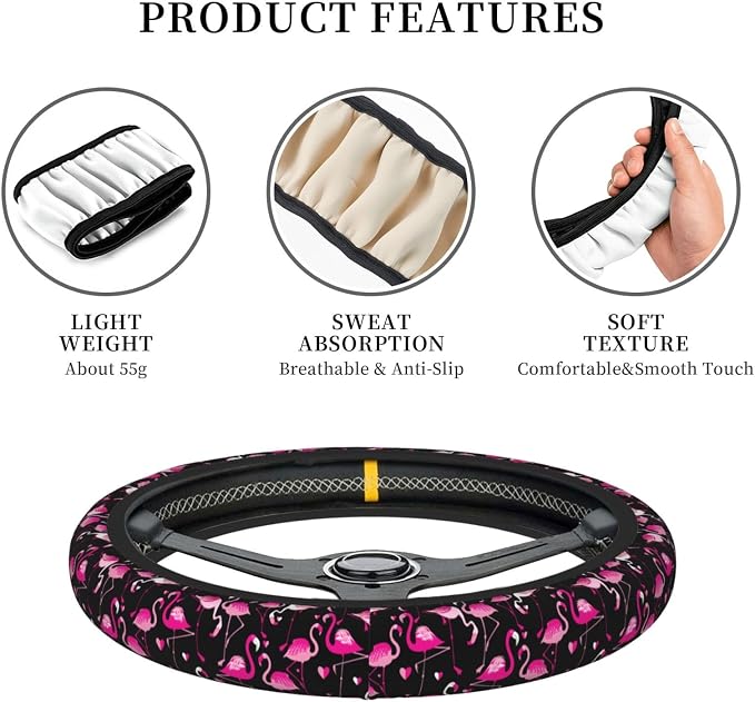 Pink Flamingos Elastic Steering Wheel Cover Non-Slip Breathable Steering Wheel Protector Fit Auto, Suvs, Truck