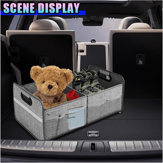 Car Trunk Organizer, Waterproof Large Capacity 600D Oxford Fabric Auto Trunk Storage Container with Pockets, Multi-Compartment Vehicle Storage Box Accessories for Car SUV Truck (Gray)