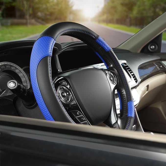 Microfiber Leather Steering Wheel Cover for Honda Accord,Civic,CR-V,HR-V,Pilot(Diamond-Pattern-Black+Blue-Standard Size)