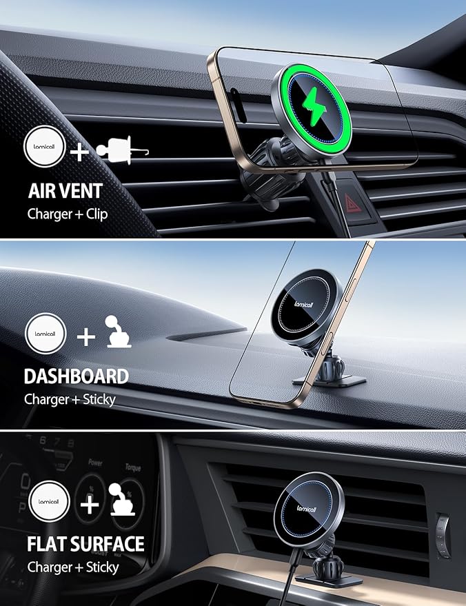 15W for MagSafe Car Mount Charger - [20X Strong Magnets] Wireless Car Phone Holder Charger, Magnetic Phone Holders for Car Vent Dash Accessories for Women Men for iPhone 17 Pro Max Silver