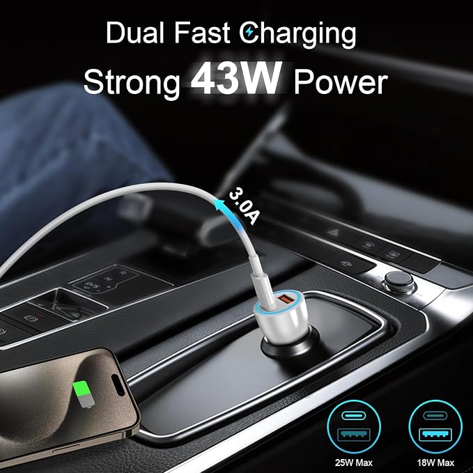 iPhone 17 16 15 Car Charger, [Apple MFi Certified] 2-Pack USB C Car Charger 43W Fast Charging with 3.3 FT Type C to C Cable, USB Car Adapter for iPhone 17/17 Pro/17 Pro Max/Air/16/15