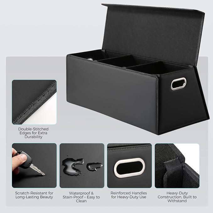 Car Trunk Organizer for SUV and Sedan, Trapezoidal-Black, 29.5 in | Tailored for Rear Seats, Extra Large, Leather Storage Box, Magnetic Lid, Collapsible & Adjustable, Water‑Resist & Dust‑Proof