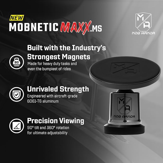 MobNetic Maxx MS - MagSafe Compatible Car Phone Mount w/ 90º Tilt, 360º Rotation & Durable Aluminum Build, Magnetic Holder for iPhone & Android Devices, USA Assembled - Black Chrome