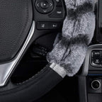 Bear Fur Plush Steering Wheel Cover - Cute Faux Wool Protector for Women Girls Fits Wheels 14.5-15 inch Two Tone Black/Gray - with Glitter