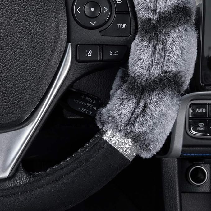 Bear Fur Plush Steering Wheel Cover - Cute Faux Wool Protector for Women Girls Fits Wheels 14.5-15 inch Bear Fur - Black/Gray with Glitter
