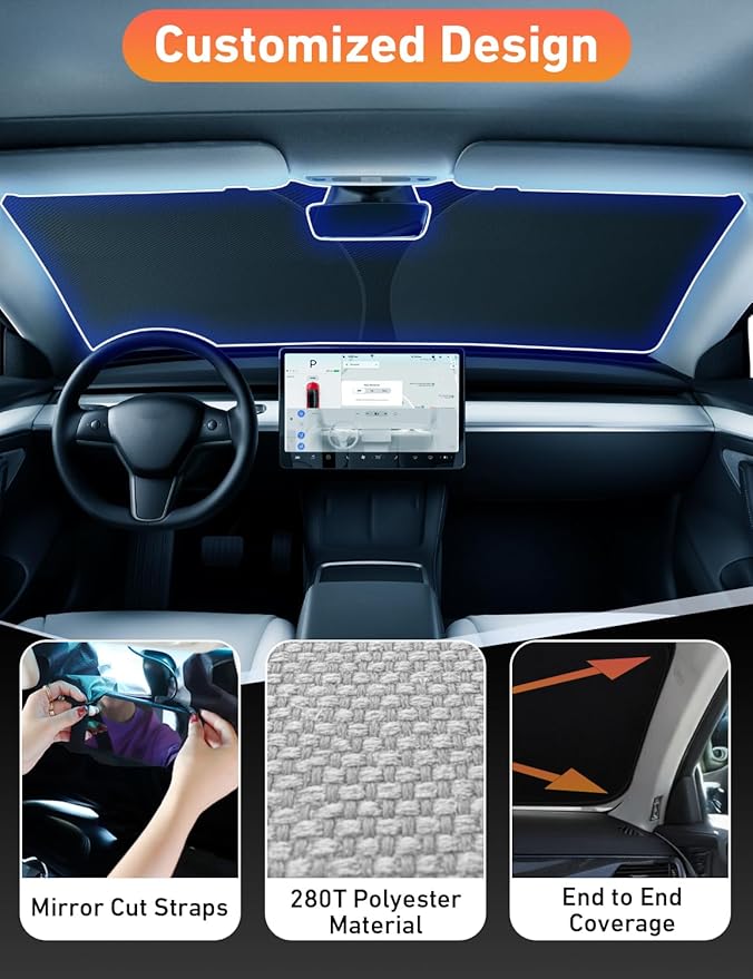 Windshield Sun Shade Compatible for Tesla Model 3 & Model Y Juniper 2017-2024 2025 2026, Sun Visor for EV Front Window Sunshade, Foldable Heat & UV Protector, Car Accessories