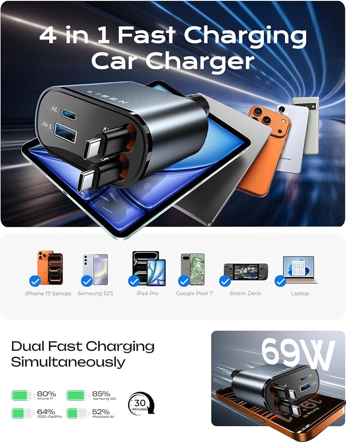 Retractable Car Charger USB C [Upgraded Dual Type C] 75W Fast 4 in 1 Car Charger for iPhone 17, Road Trip Essentials Gifts for Men Women, Car Accessories for Galaxy S26 Phone 17e 16 15 Pro Max