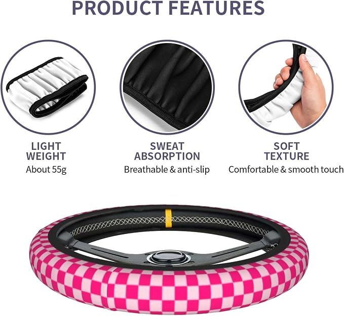 Checkered Hot Pink 3-Pc Car Set : Steering Wheel Cover + 2 Pc Car Coasters | neoprene Non-Slip Breathable Elasticity Universal 14.5 -15.5 Inch Car with Suitable Men Women