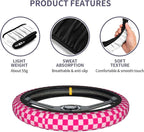 Checkered Hot Pink 3-Pc Car Set : Steering Wheel Cover + 2 Pc Car Coasters | neoprene Non-Slip Breathable Elasticity Universal 14.5 -15.5 Inch Car with Suitable Men Women