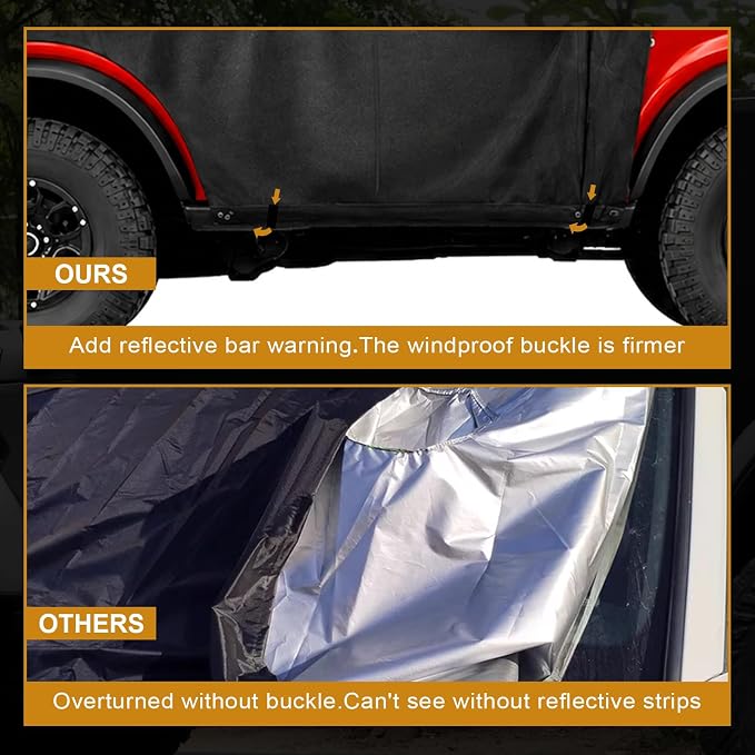 600D Cab Cover Windproof Sunshade Cover Compatible with 2021-2024 Ford Bronco 2 Door, 6-Layer Protection Frost Wiper & Mirror Covers Protect from Sunshine, UV, Snow, Rain(Not fit Bronco Sport)