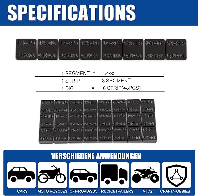 Upgraded Wheel Weights 1/4oz, 0.25oz, Black - 48PCS Adhesive Stick on Wheel Weights, 12oz/Box, Perfect for Cars/Trucks/SUVs/Motorcycles