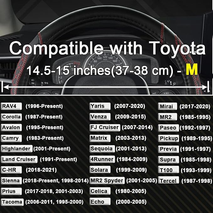 Customized Auto Car Steering Wheel Cover for Toyota Rav4 Corolla Camry Highlander(Diamond Quilted-Black+Red-Standard Size)