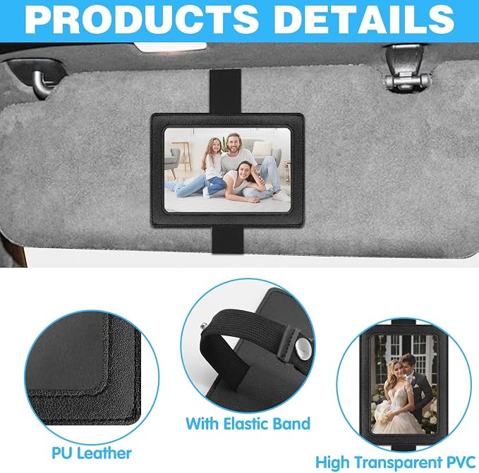 Leather Car Visor Picture Holder Photo Clip Fits 5-Inch Car Picture Frame Displays Your Photographs Sun Visor Car Photo Holder Black Both Horizontally And Vertically, Photo Car Visor Clip for Vehicle