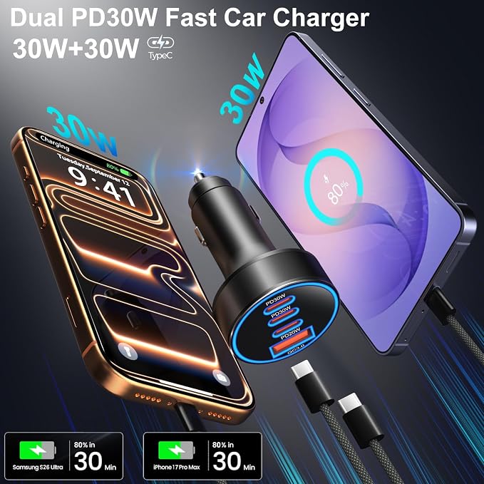 USB-C Car Charger, 2 Pack 4-Port 98W Car Charger USB C Fast Charger,3 USB-C & USB-A Car Cigarette Lighter USB Charger Fast Charging for iPhone 17/16/15/14 Series,iPad Pro,Galaxy S26/S25 Ultra,Pixel