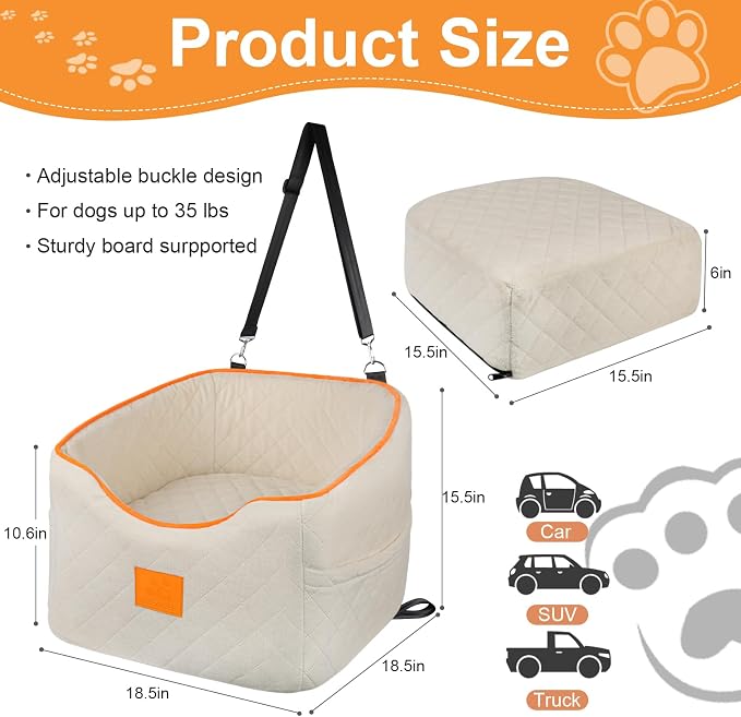 Dog Car Seat for Small Dogs, Memory Foam Booster Dog Seat for Dogs up to 35 lbs, Elevated Pet Car Seat, Travel Safety Pet Seat with Washable Removable Cover, Storage Pockets (Beige)