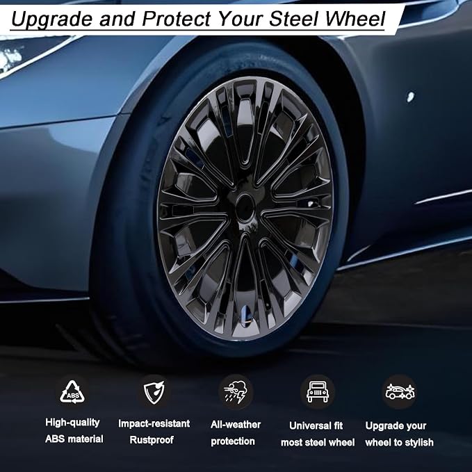 Hubcap Wheel Cover Replacement R16 Hub Caps Universal-Fit Steel Wheel Rim Cover ABS Material Exterior Accessories for Car Truck SUV -Set of 4（16-inch，Black）