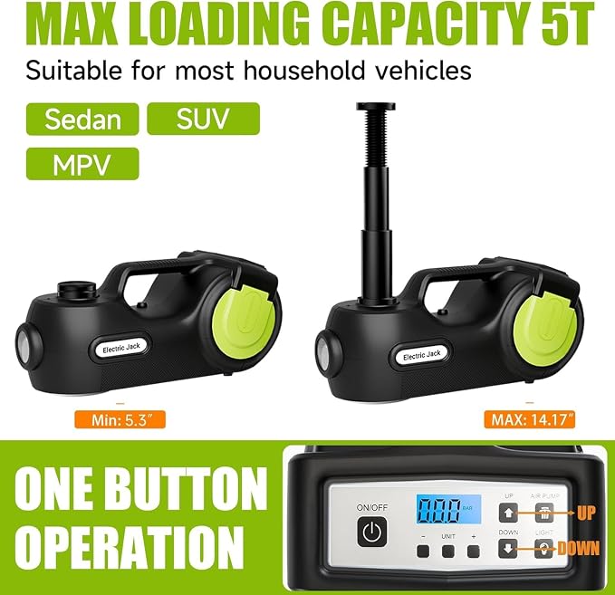 Electric Car Jack Kit 5 ton 12V Hydraulic Car Jack Lift (Lifting Range: 5.3-14.17inches) with Impact Wrench Inflator Pump for Car SUV Sedan MPV, LCD Display and Tire Pressure Monitor