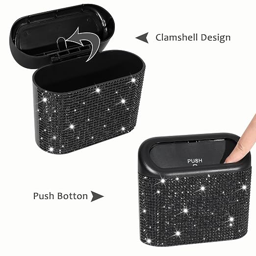 2 Pack Bling Car Trash Can with Lid, Small Garbage Can, Auto Garbage Storage Bin with 90pcs Garbage Bags, Sparkling Crystal Trash Bags Holder for Car, Home, Office Storage (Black Rhinestone)