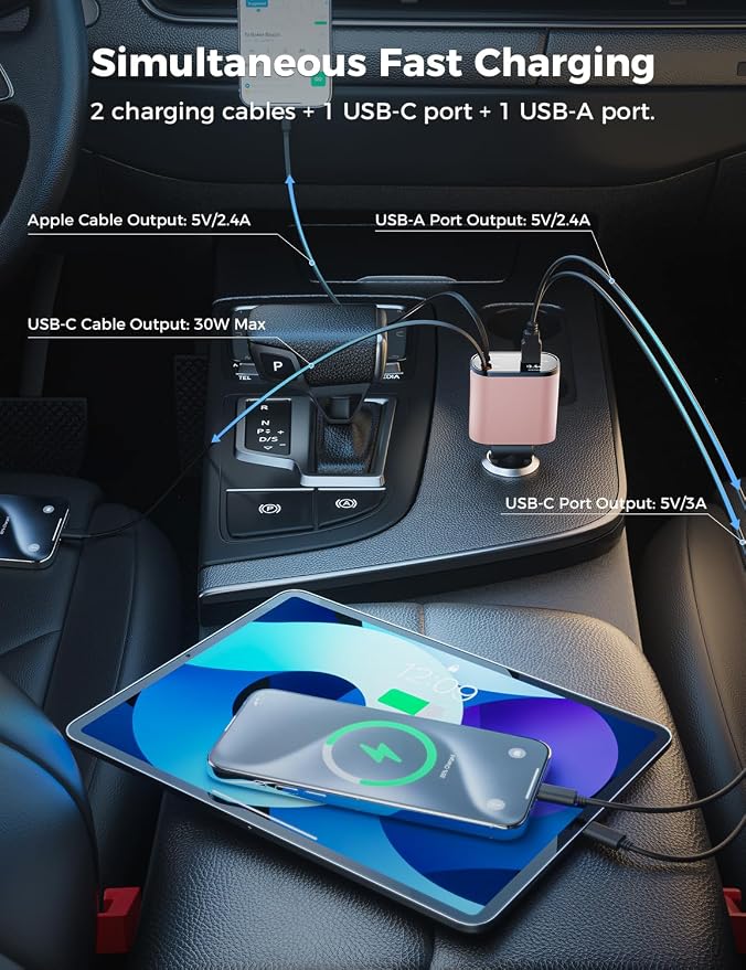 【Upgraded】 Retractable Car Charger 4 in 1, Fast Car Phone Charger with Cord 2.6ft, USB C Car Charger Adapter, Compatible with iPhone 17/16/15/15 Pro Max/14/13/12/11, Galaxy, Pixel