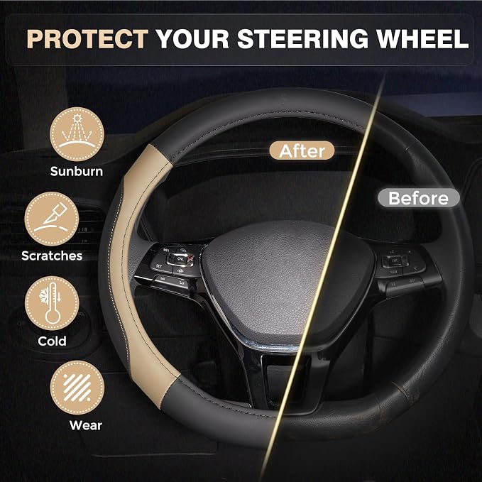 Car Steering Wheel Cover, Microfiber Leather Steering Wheel Covers with Anti-Slip Lining, Breathable Elastic Car Steering Wheel Protector, Universal Standard Size 14-15 inch