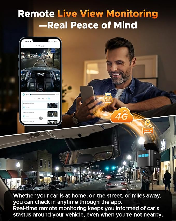4G LTE Cellular Dash Cam with Live Streaming & GPS Tracking - Dual Car Security Camera with Remote Live View,Cloud Storage,AI Motion Detection,Sentry Mode, Anti-Theft Protection for Vandalism