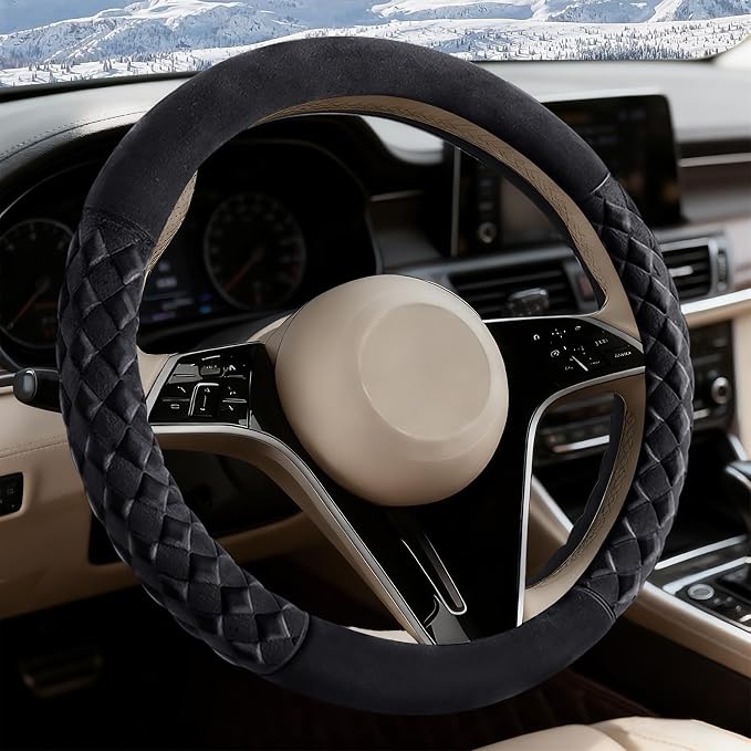 Black Diamond Patterned Plush Steering Wheel Cover, for Universal Auto Steering Wheel 14.5-15 in, Short Fluffy, Anti-Slip, Soft Plush, Comforting and Luxurious, Odorless, Soft Texture