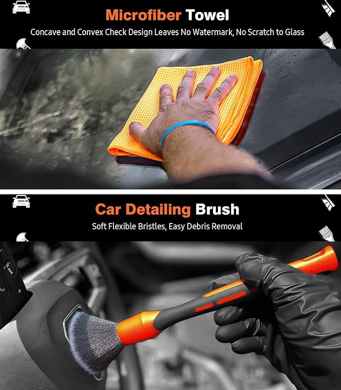 7PCS Car Interior Detailing Kit, Horse Hair Leather Brush for Car Seat, Carpet Brush, Soft Car Detailing Brush, Microfiber Towels & 2 Wax Applicator Pads, Car Interior Care Kit, Orange