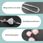 Bling Diamond Heart Car Interior Accessories, Heart & Pink Plush Ball Decor Ornament Pendant, Hanging Decoration Charm (Pink)