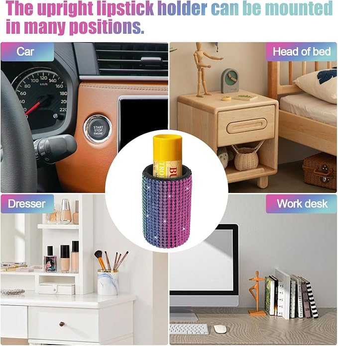 Upright Car Chapstick Holder, Bling Insulating Lip Balm Holder,Rhinestone Car Accessories for Women Interior,Suitable for Most Vehicles. (Rainbow)