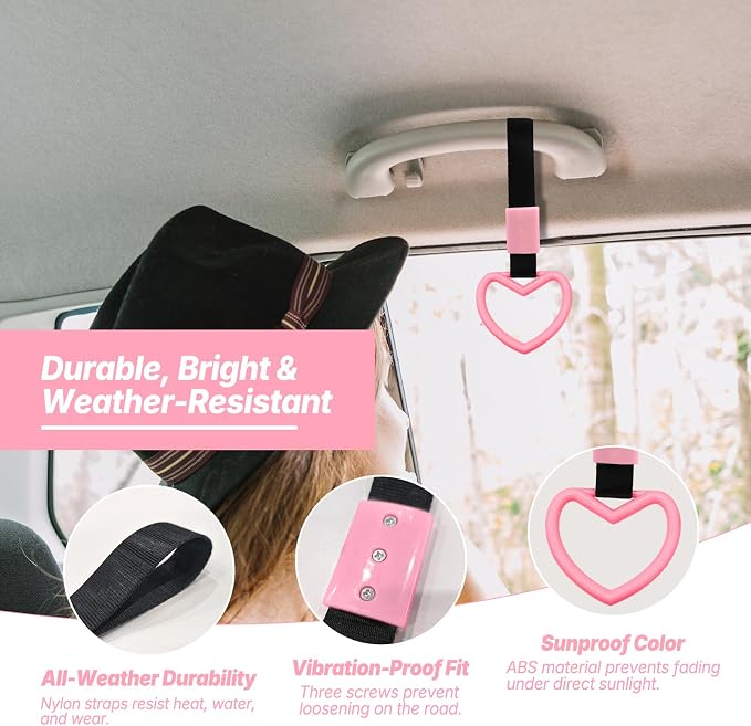2 Pcs Heart Shaped Car Handle Strap – Drift Charm Rear Bumper Warning Ring Decor for Car Interior Exterior, Subway Bus Handle Accessory, Cute Heart Car Decor Gift for Women & Men (Pink)