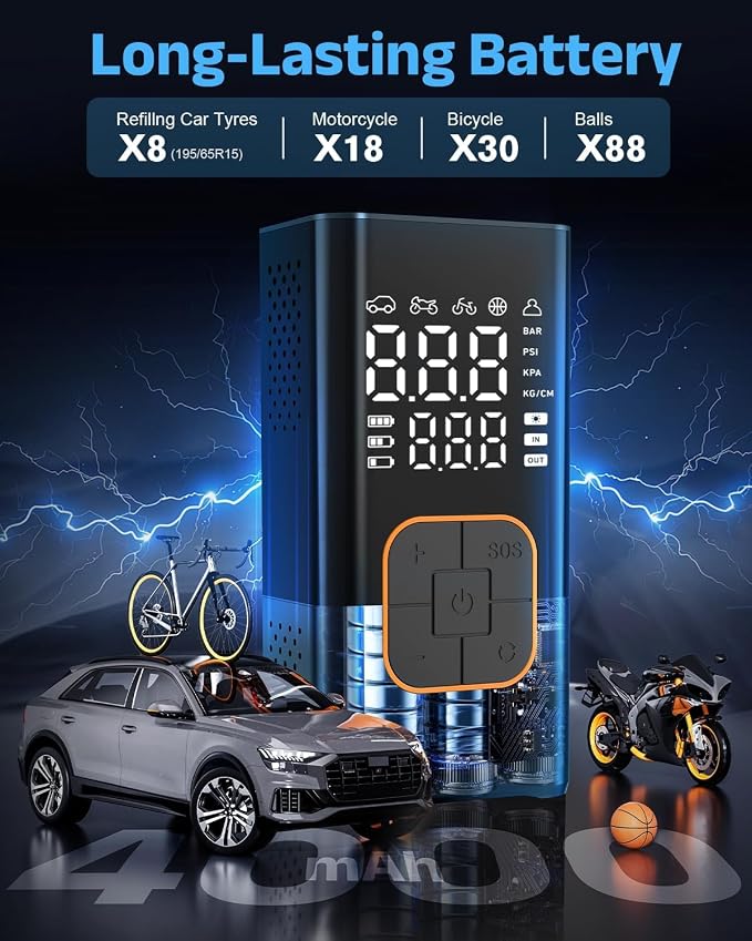 Tire Inflator Portable Air Compressor, Cordless Car Tyre Pump with Digital Dual Values Display, 150 PSI Bike Tires Air Pump with LED Lights&Pressure Gauge for Auto/Bicycle/Motocycle/Balls