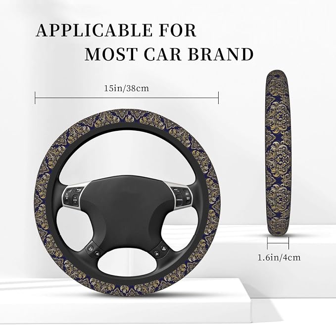 Floral Steering Wheel Cover Car Elastic Steering Wheel Protector | Blue Gold Anti-Slip Breathable Car Accessories Interior for Women Men Universal 15 Inch Fit Auto SUVs Vans Truck