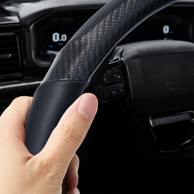 Leather Steering Wheel Cover for Chevy Silverado 1500 2500 3500, 14.5-15 inches Car Steering Wheel Cover with Non-Slip Breathable (Carbon Black)