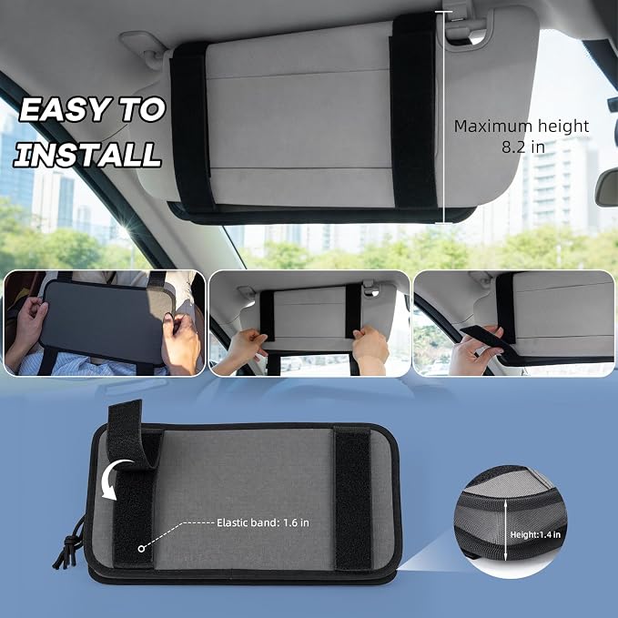 Car Sun Visor Organizer, Heavy Duty Molle Panel with Double Zipper Multi-Pockets & Glasses Clip, Tactical Storage Pouch for Cars, SUVs, Trucks (2 Pack)