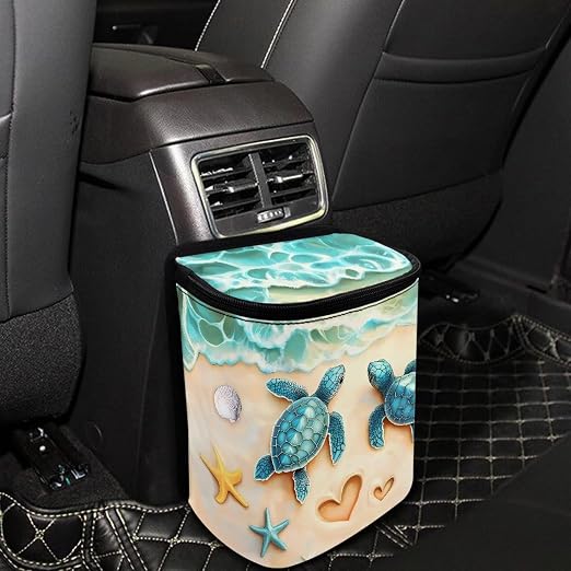 Turtle Starfish Heart Beach Print Car Trash Can with Lid, Leak Proof Auto Trash Bag Hanging Vehicle Garbage Can Multipurpose Storage Container for Back Seat Road Trip