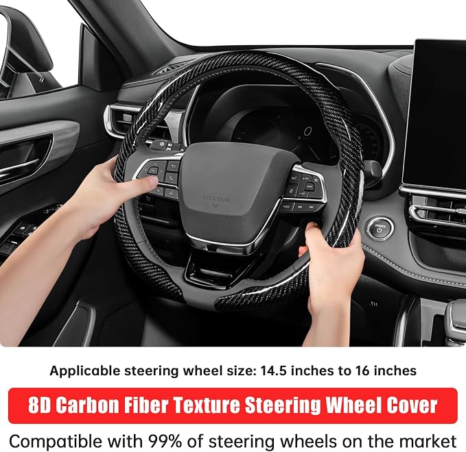 Car Steering Wheel Cover - Integrated Carbon Fiber Pattern Protective Sleeve with Hub Cap Anti-Slip Design - Fits 99% of Models Suitable for 14-16 Inch Sedans, SUVs, and Trucks Interior Accessories
