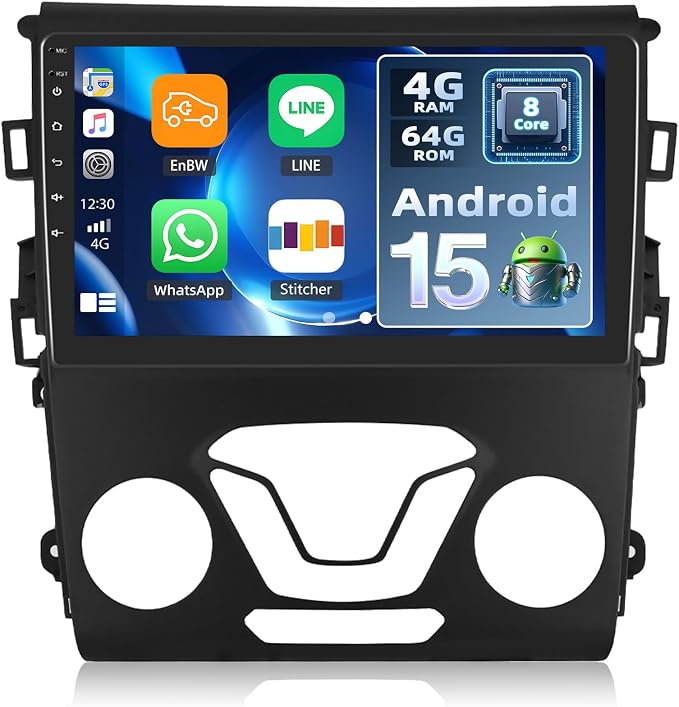 4+64G 8-Core Qualcomm Android 15 Car Stereo for Ford Fusion Mondeo 2013-2019 with Wireless Carplay, 9'' Touchscreen Car Radio with WiFi Mirror Link GPS Bluetooth 5.1 FM RDS DSP EQ SWC