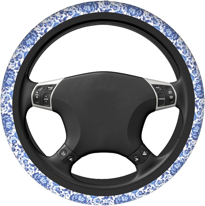 Blue Flower Steering Wheel Cover - 15 Inch Blue Floral Steering Wheel Cover Anti-Slip Breathable Universal 2 Pcs Car Interior Cup Holder Pad for Men Women