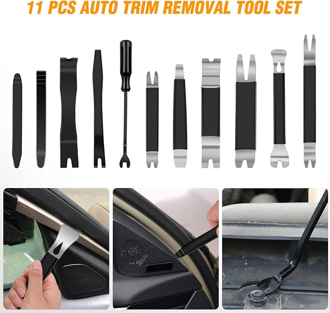 11PCS Trim Removal Tool Kit, Metal & Nylon Pry Tools Set for Car Door Panel, Dashboard, Audio, Clips, Fastener Remover w/ Storage Box – Black