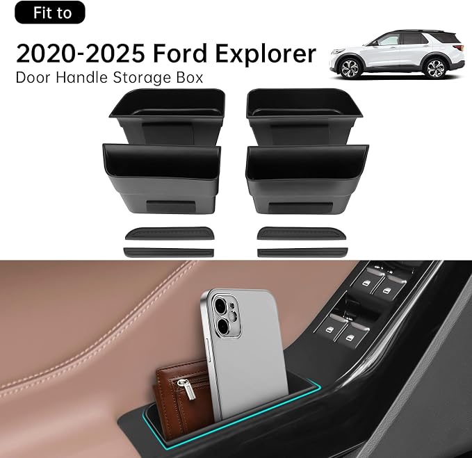 4PCS Door Grab Tray Door Organizer for Ford Explorer 2020 2021 2022 2023 2024 Front and Rear Accessories Phone Holder Container Handle Pocket Storage Box ABS Plastic, Black Mat