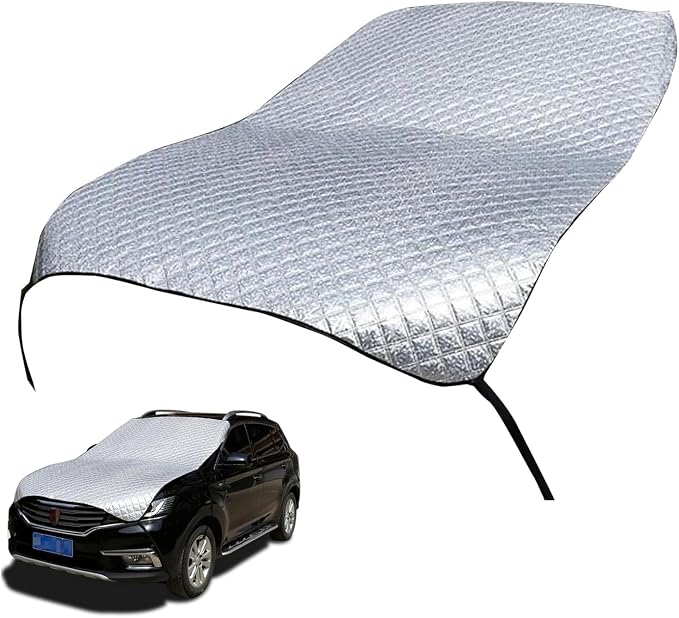 Universal Foldable Half Car Cover, Windproof Windshield Sunshade with Cotton Liner, Heavy-Duty All-Season Protection for Snow, Hail, Scratch & UV (Silver)