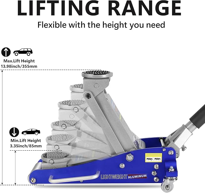 Floor Jack,Heavy Duty Hydraulic Floor Jack, Low Profile Aluminum and Steel Racing Floor Jacks w/2 Piston Quick Lift Pump, Lifting 3.5"-14" 1.5 Ton(3,000 lb) Capacity Blue