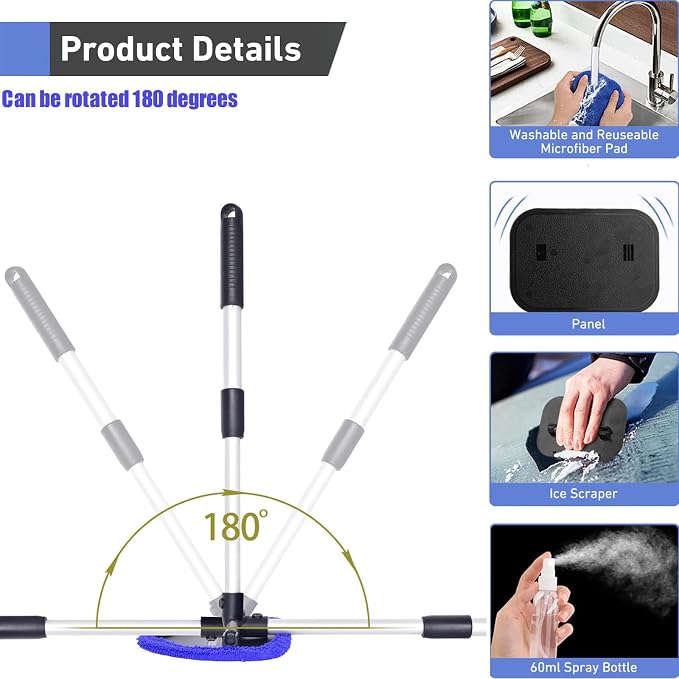Windshield Cleaning Tool, Car Window Cleaner Windshield Cleaner with 4 Reusable and Washable Microfiber Pads and Extendable Handle Auto Inside Glass Wiper Kit (Dark Blue)